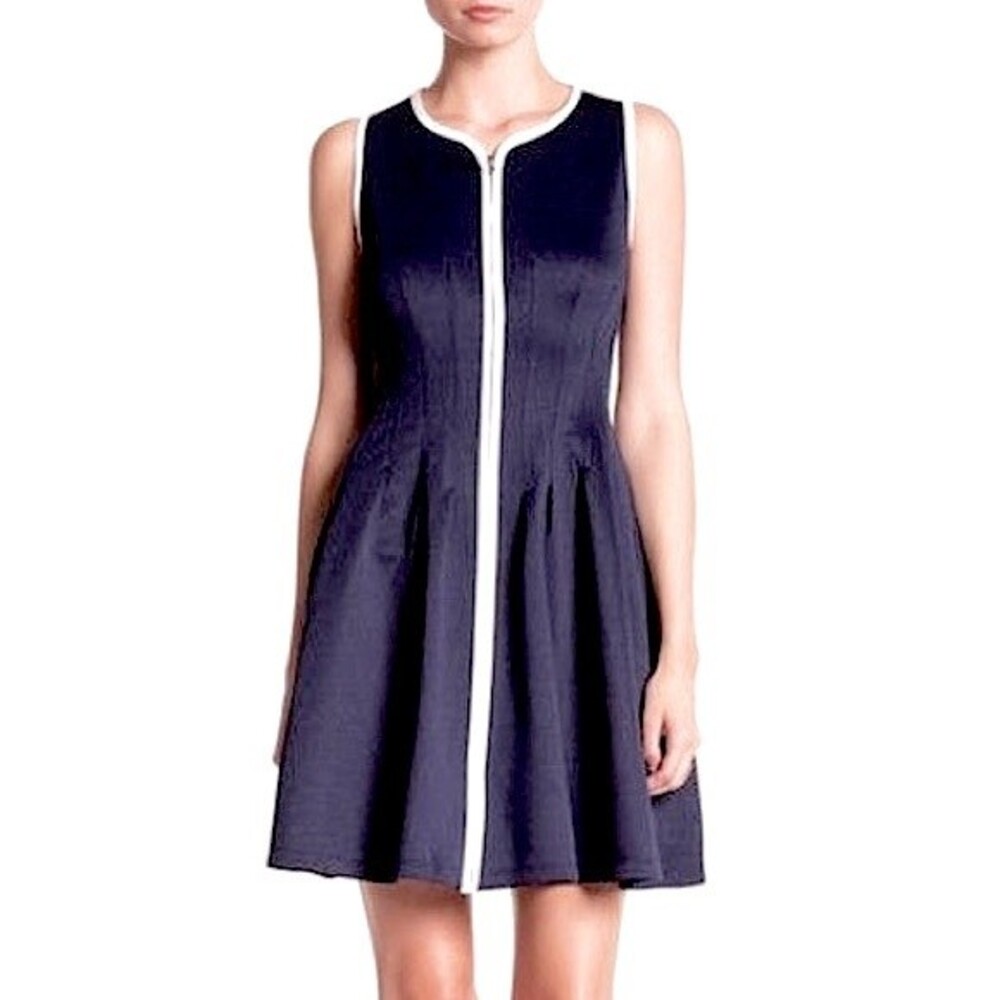 BETSEY JOHNSON Navy White Zip Front Scuba Stretch Mini Tank Swing Dress